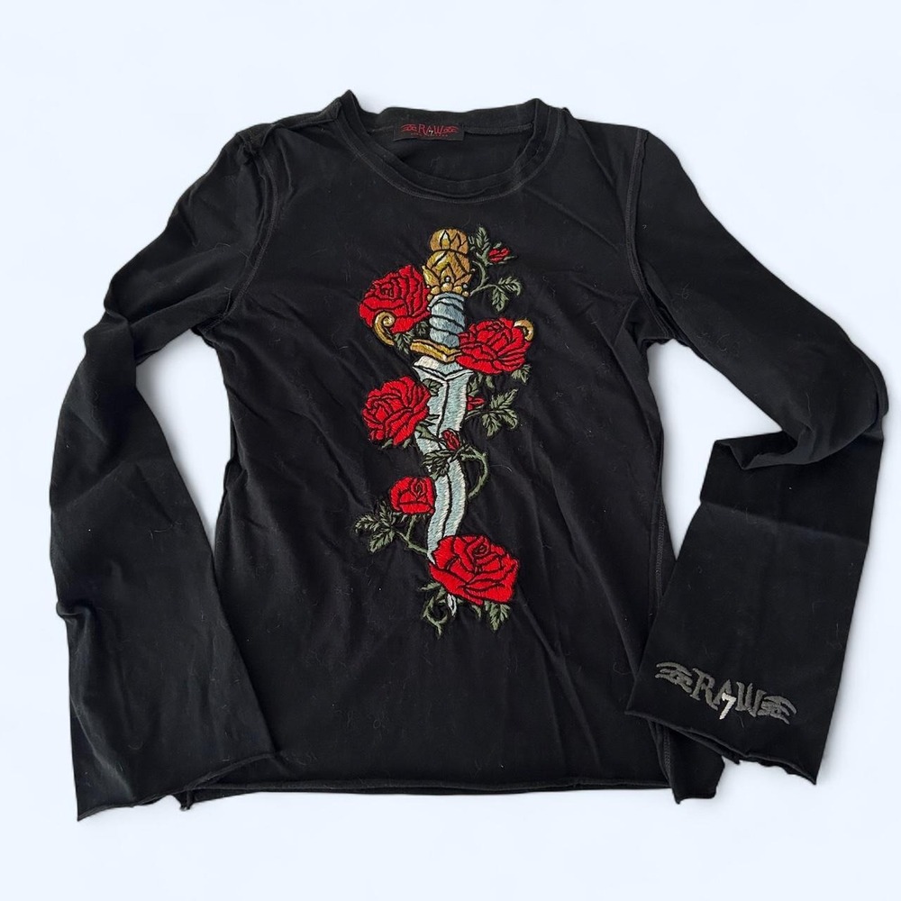 RAW7 - Black Long Sleeve Dagger Rose Embroidered Y2K Grunge Top - Size: Large
